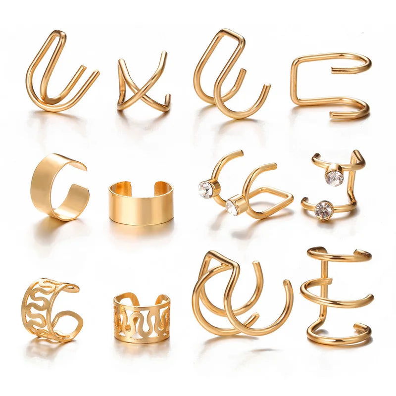 12 Pieces Vintage Gold Plated Ear Clip Earrings Set - NonPiercing Ear Cuff
