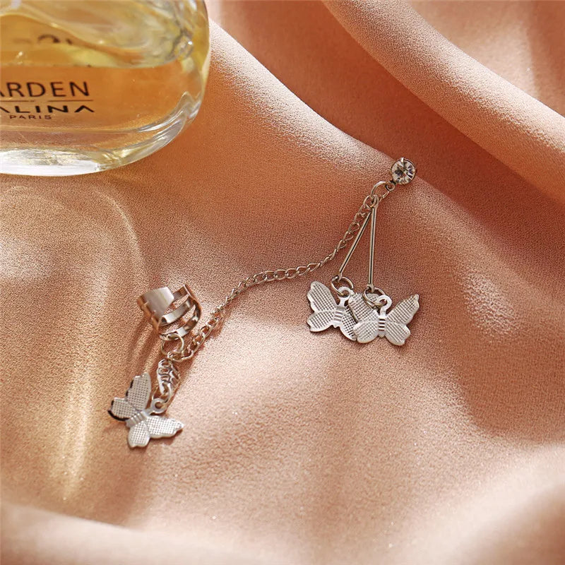 Pair Of Silver-Plated Butterfly Hanging Ear Cuffs
