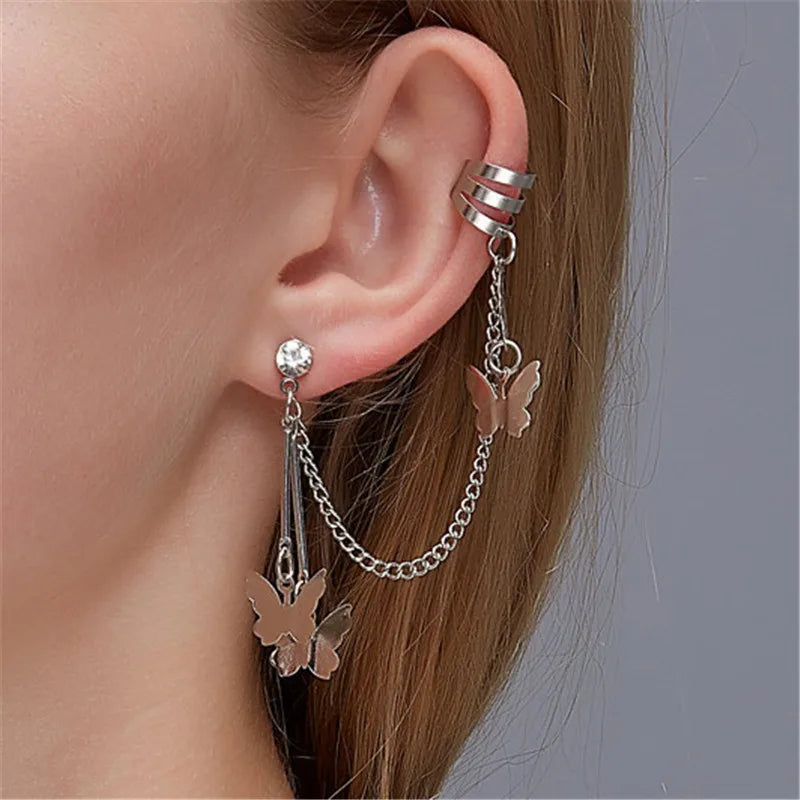 Pair Of Silver-Plated Butterfly Hanging Ear Cuffs