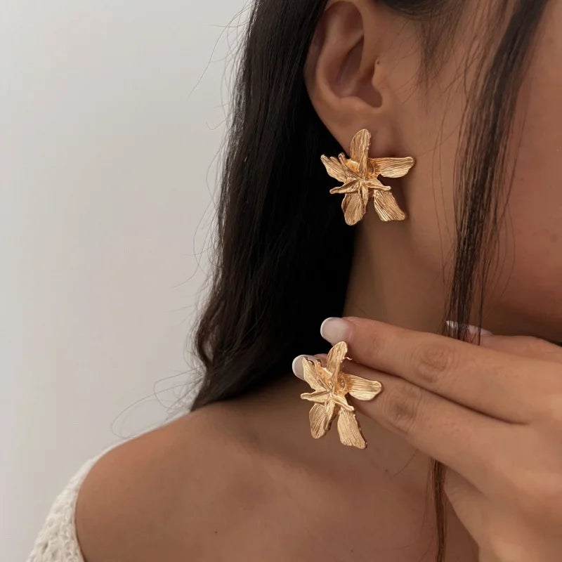 Vintage Metal Flower Big Stud Earrings for Women