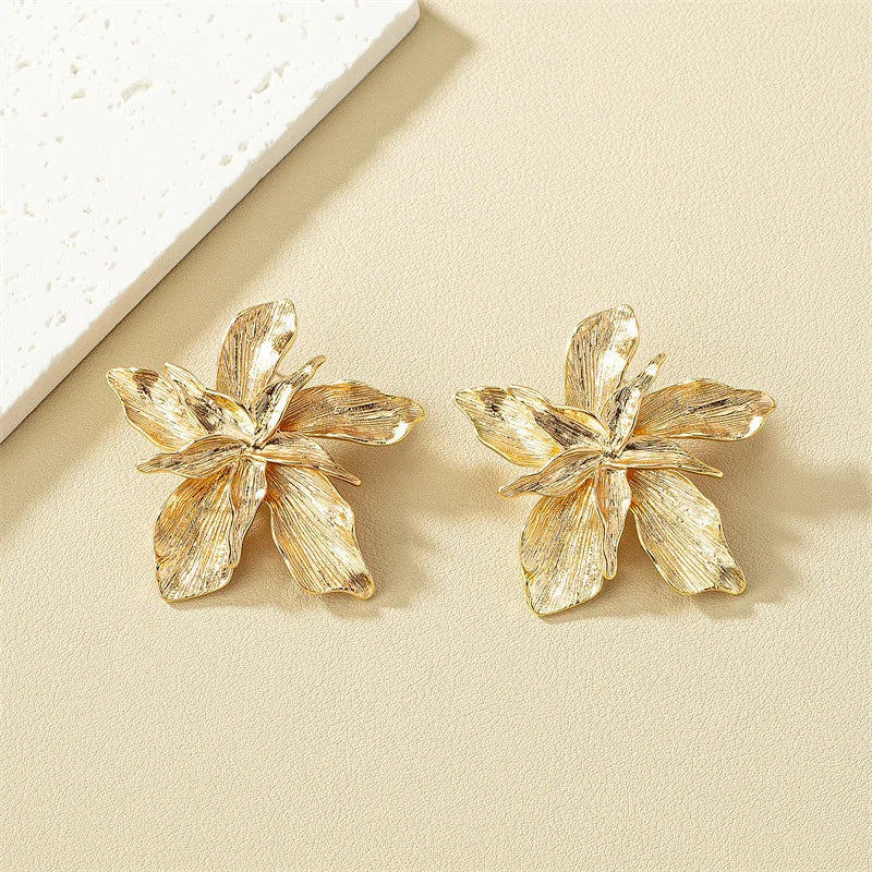 Vintage Metal Flower Big Stud Earrings for Women