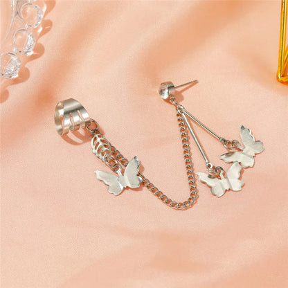 Pair Of Silver-Plated Butterfly Hanging Ear Cuffs
