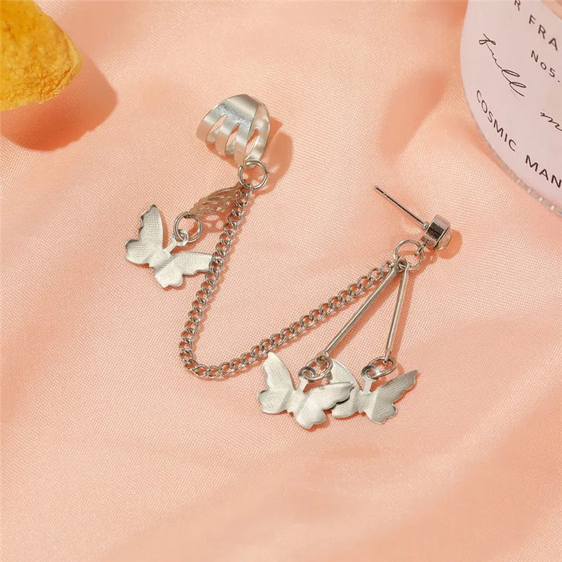 Pair Of Silver-Plated Butterfly Hanging Ear Cuffs